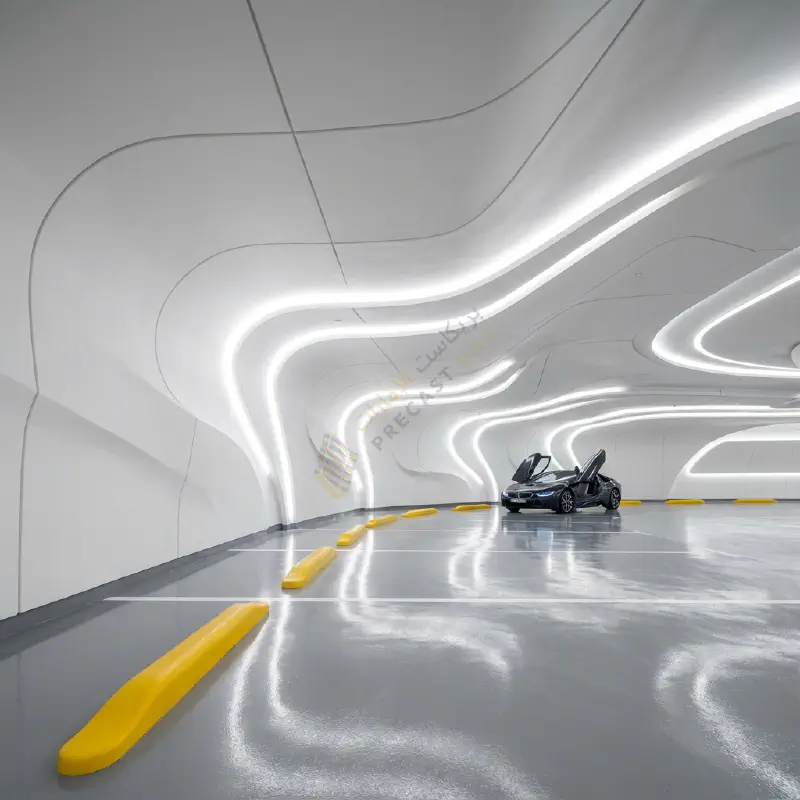 Futuristic wheel stoppers in Opus Tower parking