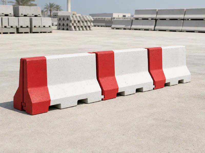 Red-and-white precast concrete Jersey barrier for UAE roadworks