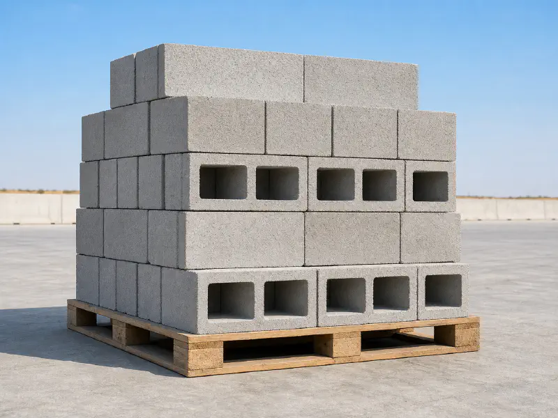 Stacked concrete masonry blocks on pallets at the UAE factory