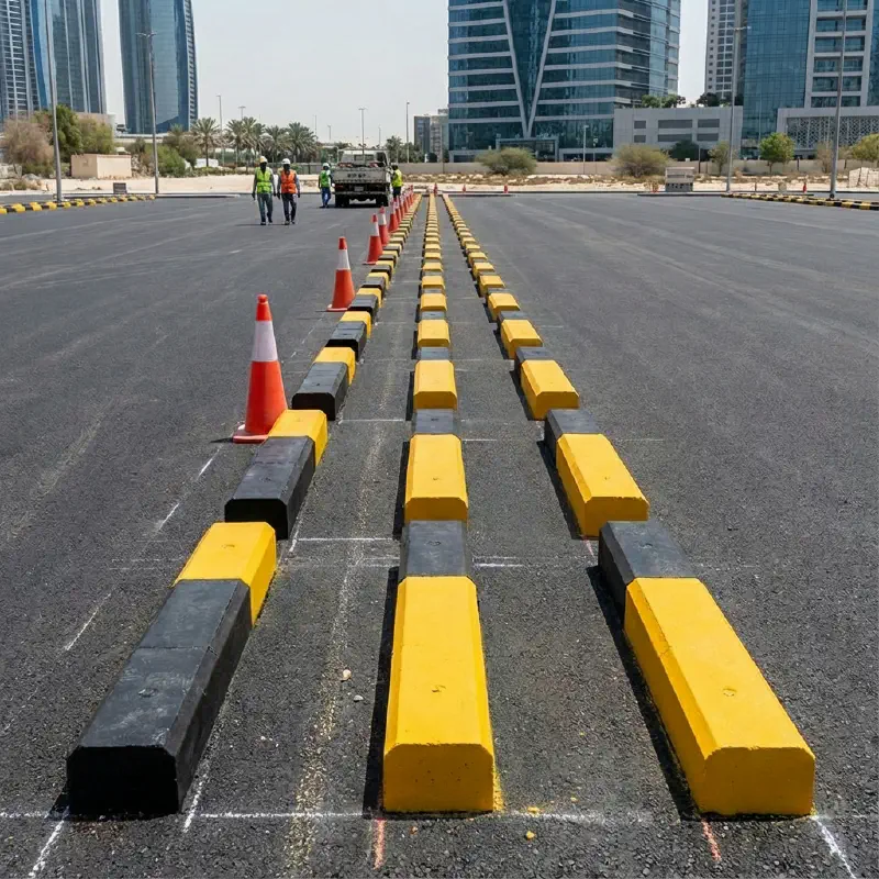Precast concrete wheel stopper installed in a UAE car park bay